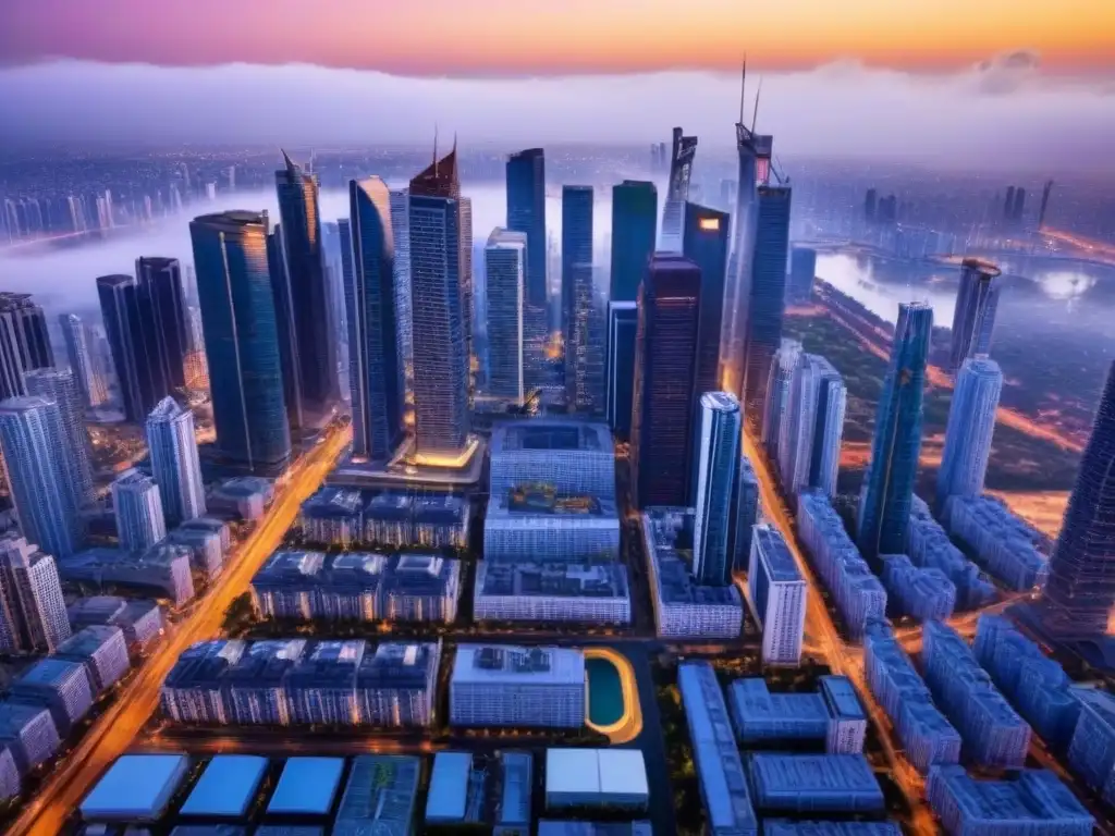 Metrópolis vibrante: Desarrollo inmobiliario urbano en auge Vibrante ciudad con rascacielos iluminados, reflejando riesgos y recompensas del crowdfunding inmobiliario