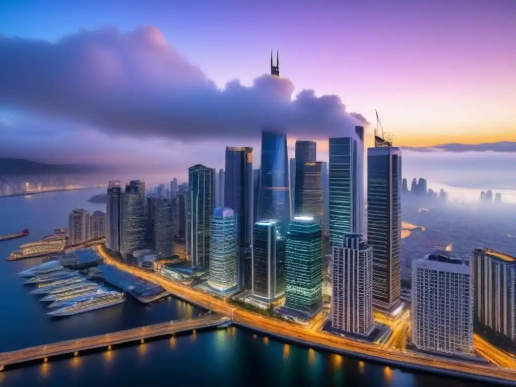 Skyline urbano en crecimiento: profesionales discuten inversión Vibrante ciudad al anochecer con rascacielos iluminados y profesionales en reunión