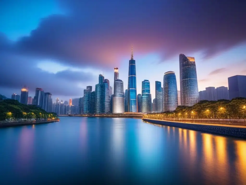 Esplendor financiero: skyline urbano en 8k al anochecer Una vibrante ciudad al anochecer con rascacielos iluminados y reflejos en el río