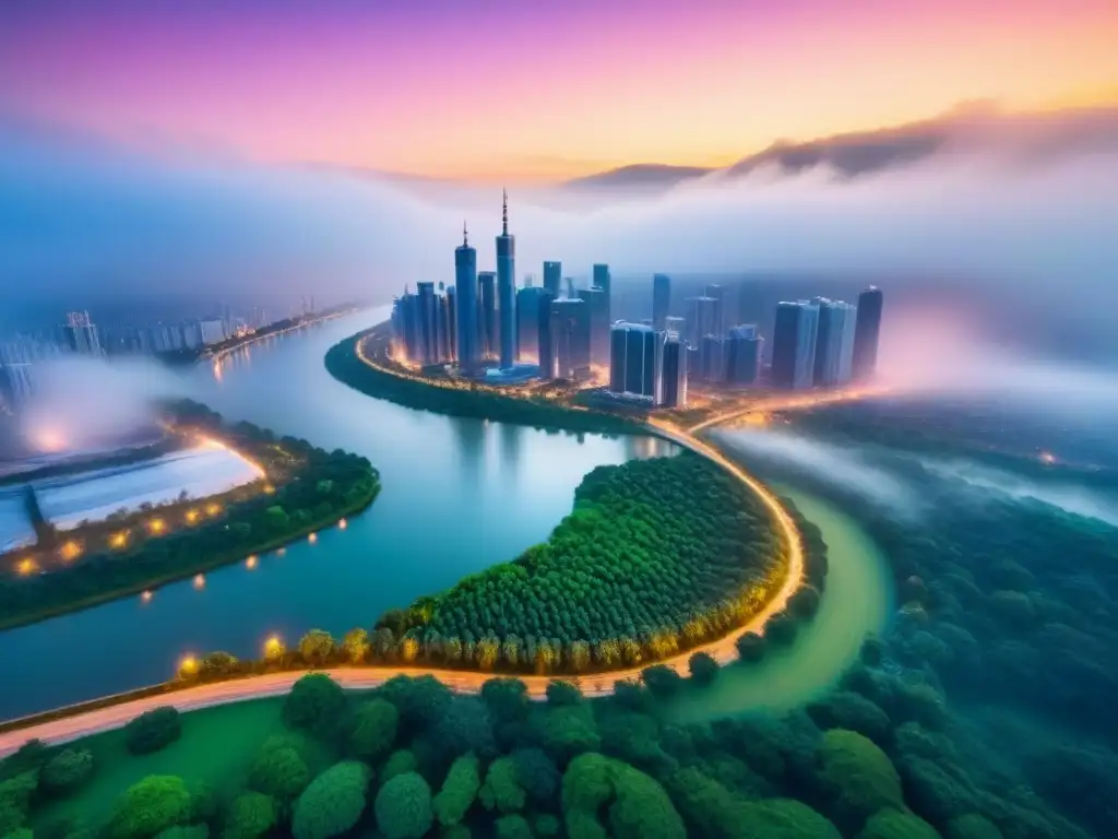 Vista aérea impresionante de ciudad moderna al anochecer Vibrante ciudad al anochecer con rascacielos iluminados, parques verdes y ríos, muestra armonía entre urbanismo y naturaleza, simbolizando crecimiento impulsado por beneficios fiscales desarrollo inmobiliario