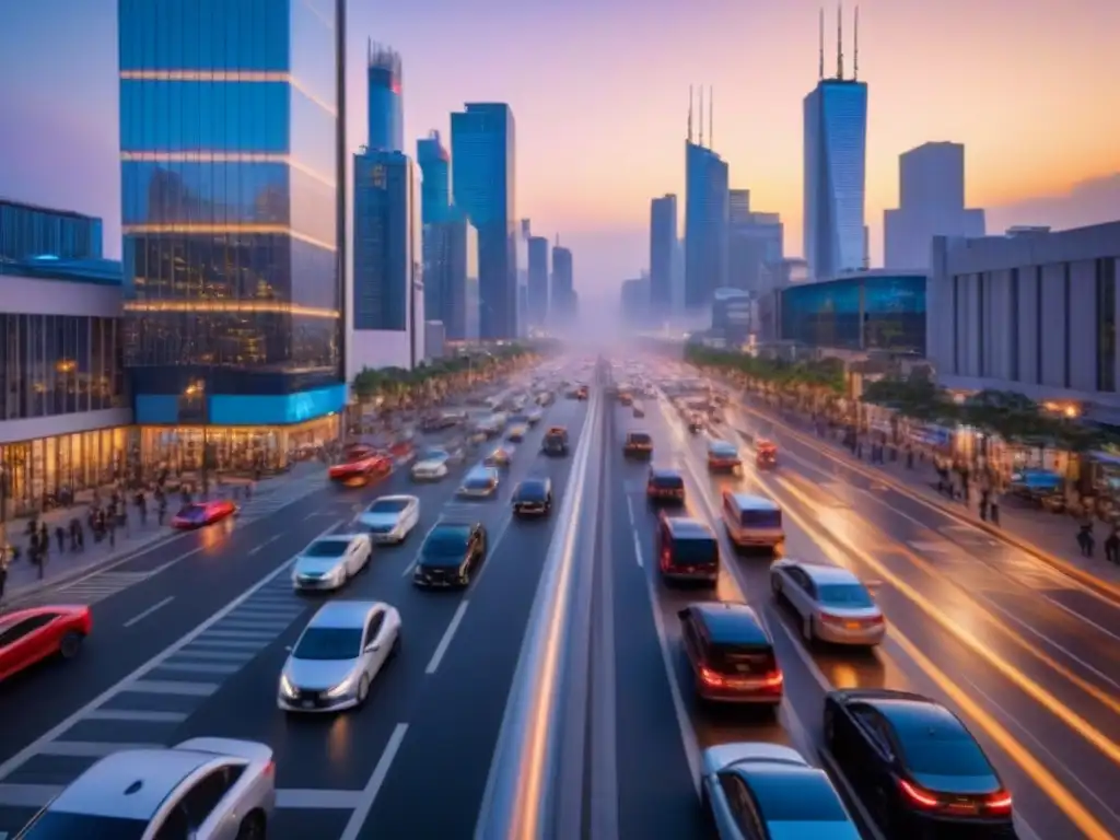 Metrópolis moderna al atardecer: progreso y dinamismo urbano Vibrante ciudad al anochecer, con rascacielos iluminados y gente moviéndose