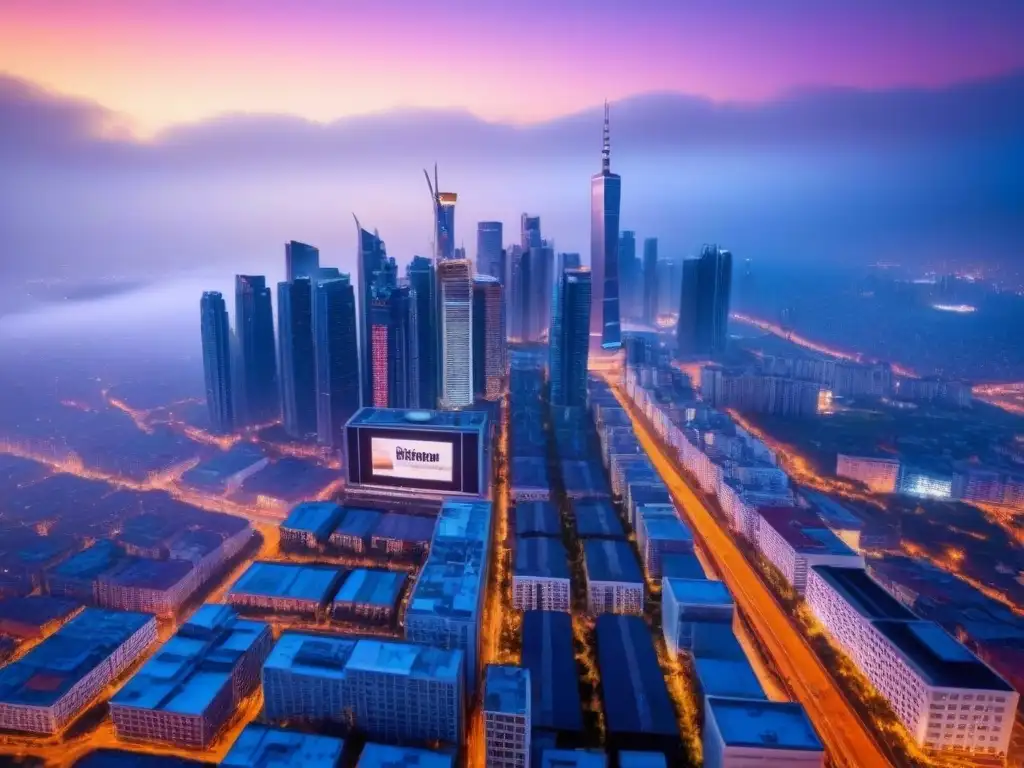 Espectacular ciudad nocturna con rascacielos y vallas digitales brillantes Vibrante ciudad al anochecer con rascacielos iluminados y publicidad digital para mercado inmobiliario