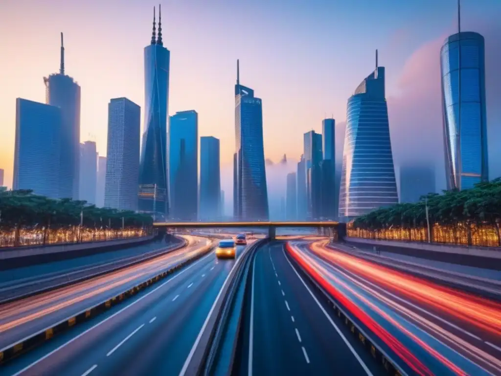 Metrópolis nocturna: luces y movimiento en la ciudad moderna Vibrante ciudad al anochecer, con rascacielos iluminados reflejando la luz del sol, calles llenas de autos modernos