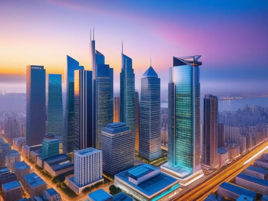Metrópolis moderna en crecimiento: paisaje urbano vibrante al anochecer Vibrante ciudad al anochecer con rascacielos iluminados y gente de negocios, simbolizando los riesgos inversión mercados inmobiliarios emergentes