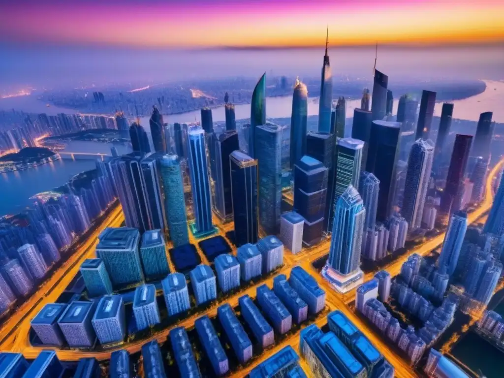 Metrópolis Vibrante: Oportunidades de Inversión en Bienes Raíces Vibrante ciudad con rascacielos iluminados y oportunidades de Plataformas de inversión inmobiliaria extranjera