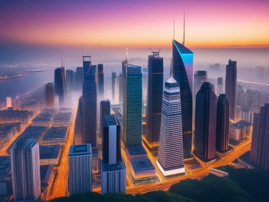 Cityscape nocturno: inversión en bienes raíces comerciales Vibrante ciudad con rascacielos iluminados y profesionales discutiendo, ideal para inversores en REITs comerciales
