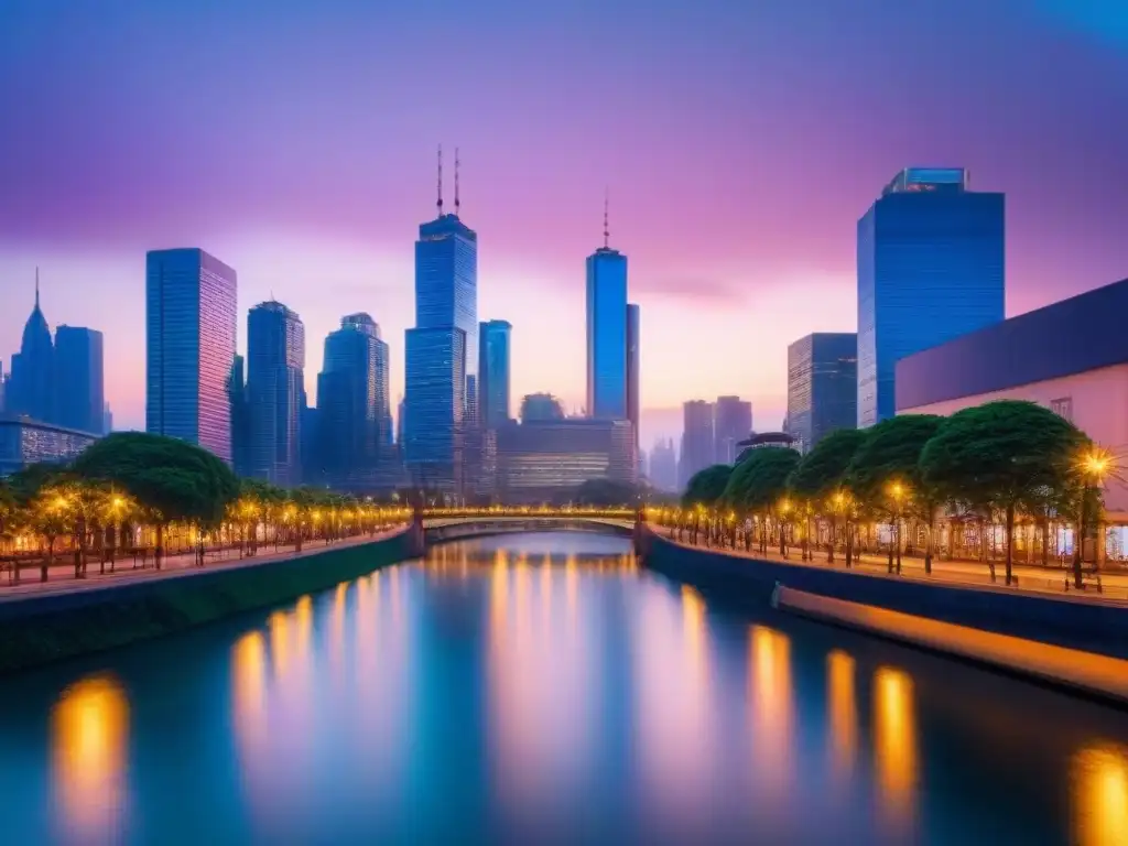 Horizonte urbano brillante: inversión inmobiliaria en crecimiento Vibrante ciudad al anochecer con rascacielos iluminados y un río brillante, simbolizando retorno inversión crowdfunding propiedades