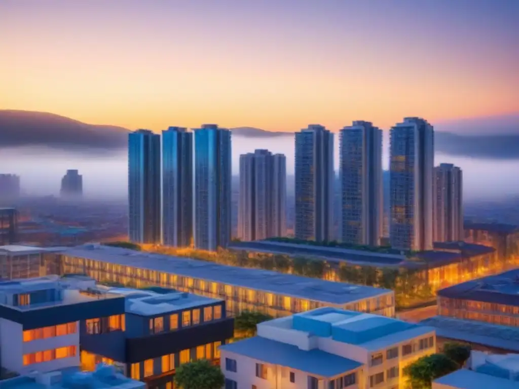 Horizonte urbano dinámico al atardecer: seguro de alquiler Vibrante ciudad al anochecer con rascacielos iluminados y bulliciosas calles, simbolizando el dinámico mercado de Seguros de propiedad para alquileres