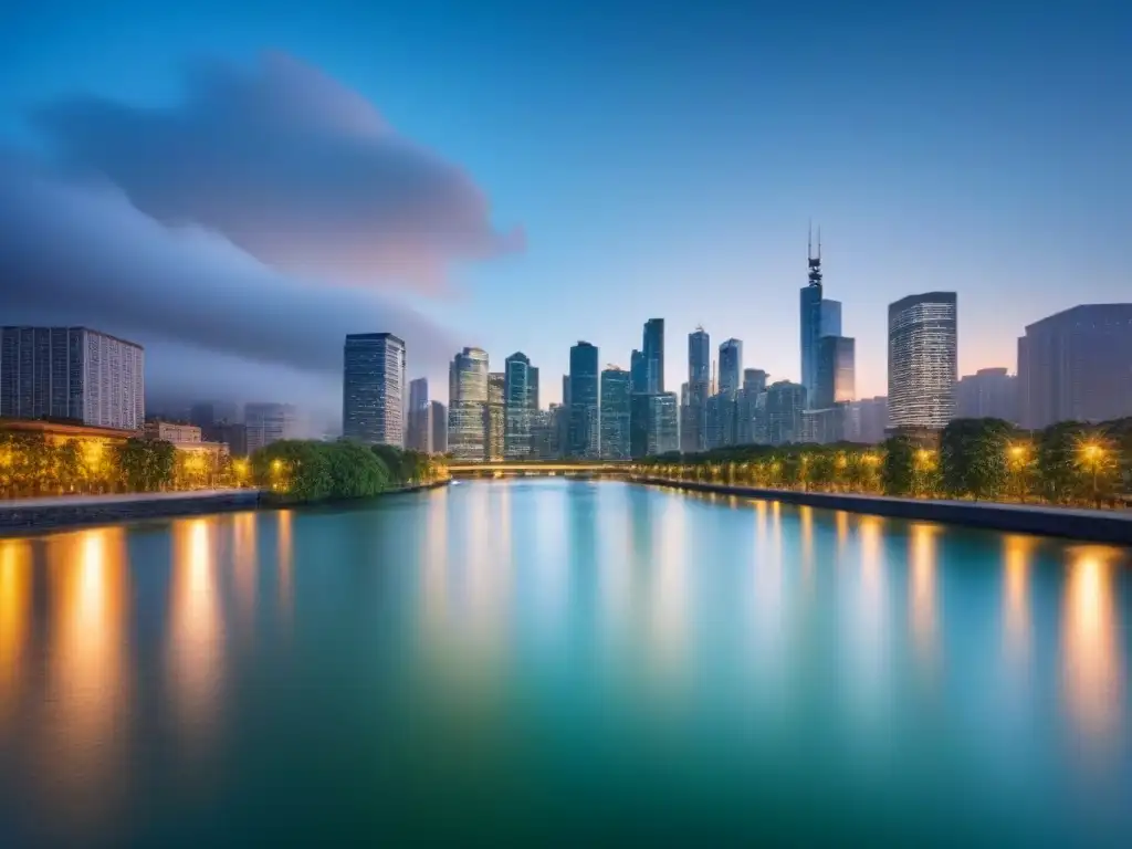 Horizonte urbano moderno al anochecer: reflejos de rascacielos en el río Vibrante ciudad al anochecer con rascacielos iluminados reflejados en un río, ideal para Seguros de propiedad para alquileres