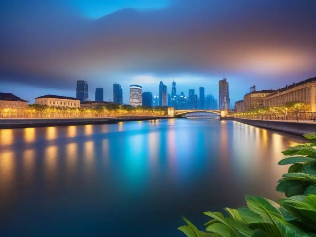 Horizonte urbano al anochecer: luces vibrantes reflejadas en el río Vibrante ciudad al anochecer, con rascacielos iluminados y un río sereno