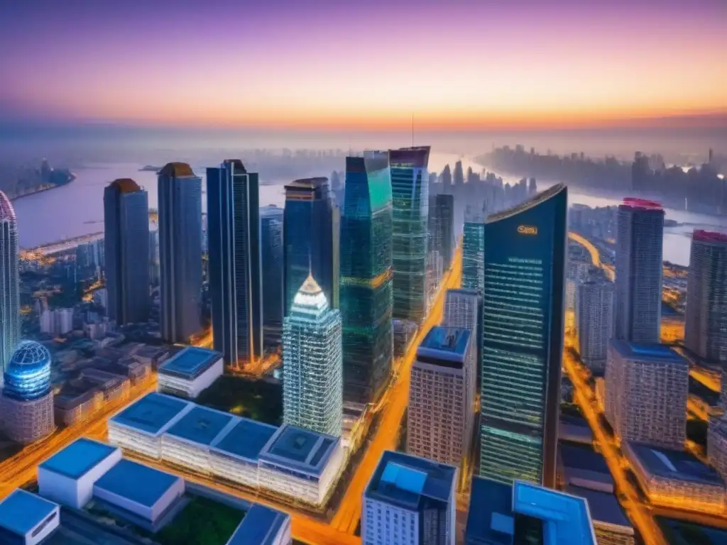 Vibrante crecimiento urbano: luces y prosperidad inmobiliaria al anochecer Vibrante ciudad al anochecer con rascacielos iluminados, reflejo de las leyes financiamiento inmobiliario 2021