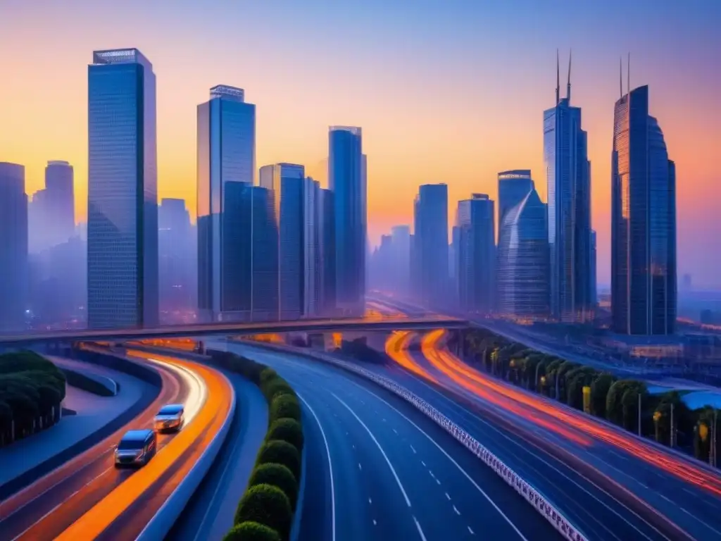 Horizonte urbano moderno al anochecer Vibrante ciudad al anochecer con rascacielos iluminados y calles llenas de vida, reflejando la transición del cielo azul a naranja