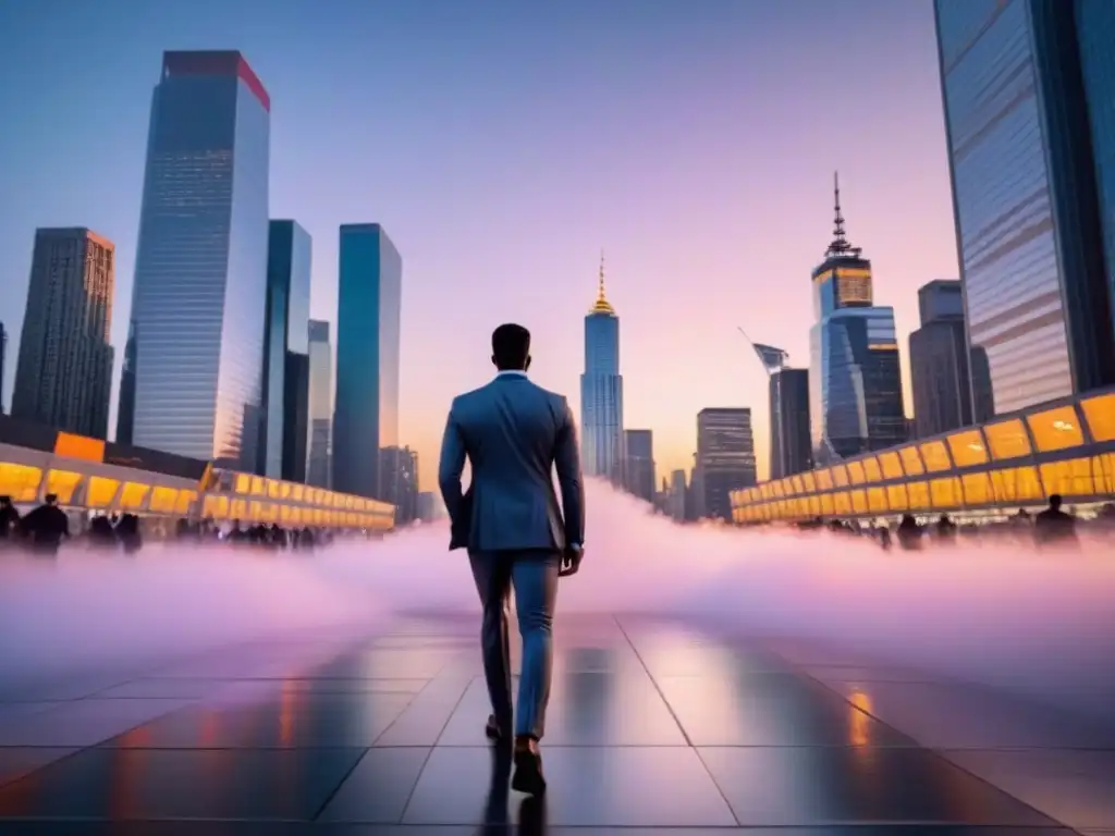 Horizonte urbano moderno al atardecer: luces y finanzas Vibrante ciudad al anochecer, con rascacielos iluminados reflejando el sol