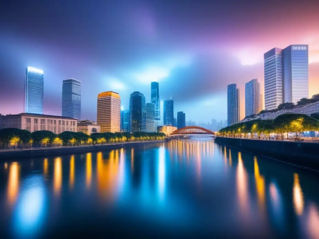 Vibrante ciudad al anochecer, rascacielos iluminados reflejados en el río, ideal para Préstamos FHA para inversores inmobiliarios