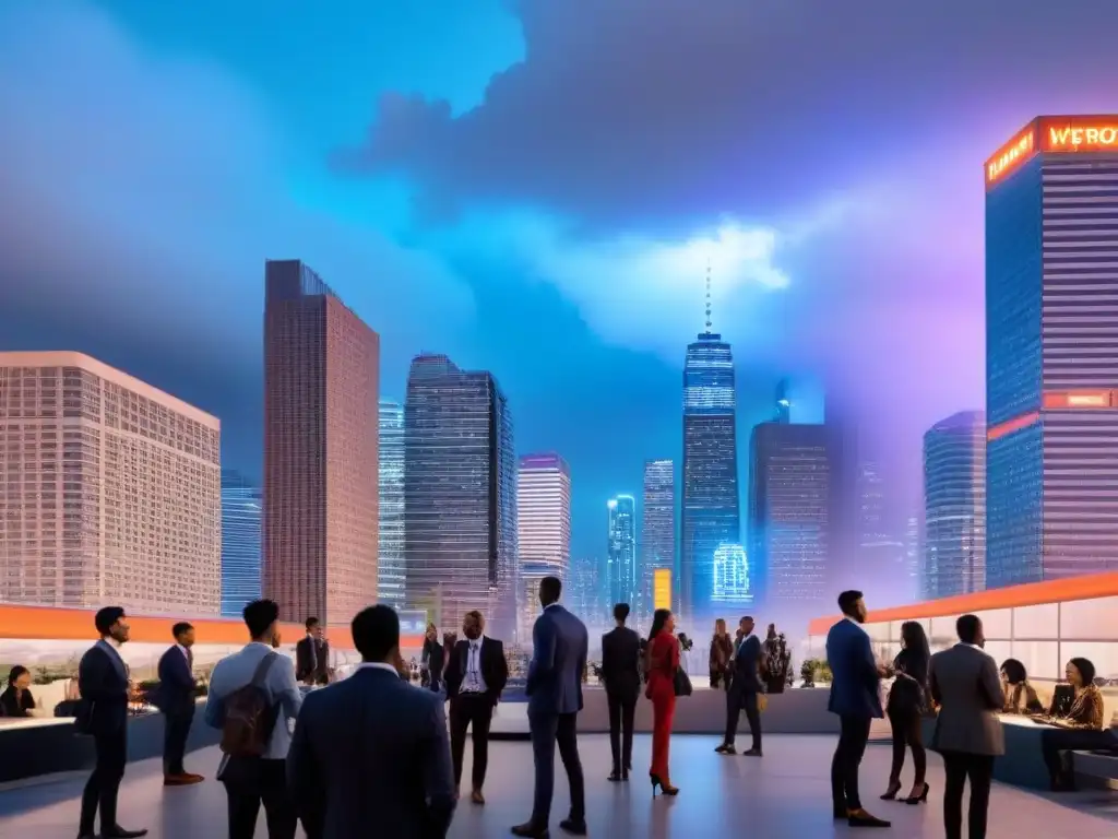 Skyline urbano vibrante y diverso al atardecer Vibrante ciudad al anochecer con rascacielos iluminados y gente discutiendo, reflejando las tendencias demográficas en el sector inmobiliario