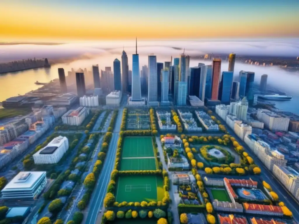 Diversidad urbana: skyline moderno y histórico Una vibrante ciudad con rascacielos modernos, edificios históricos, zonas verdes y un bullicioso paseo marítimo