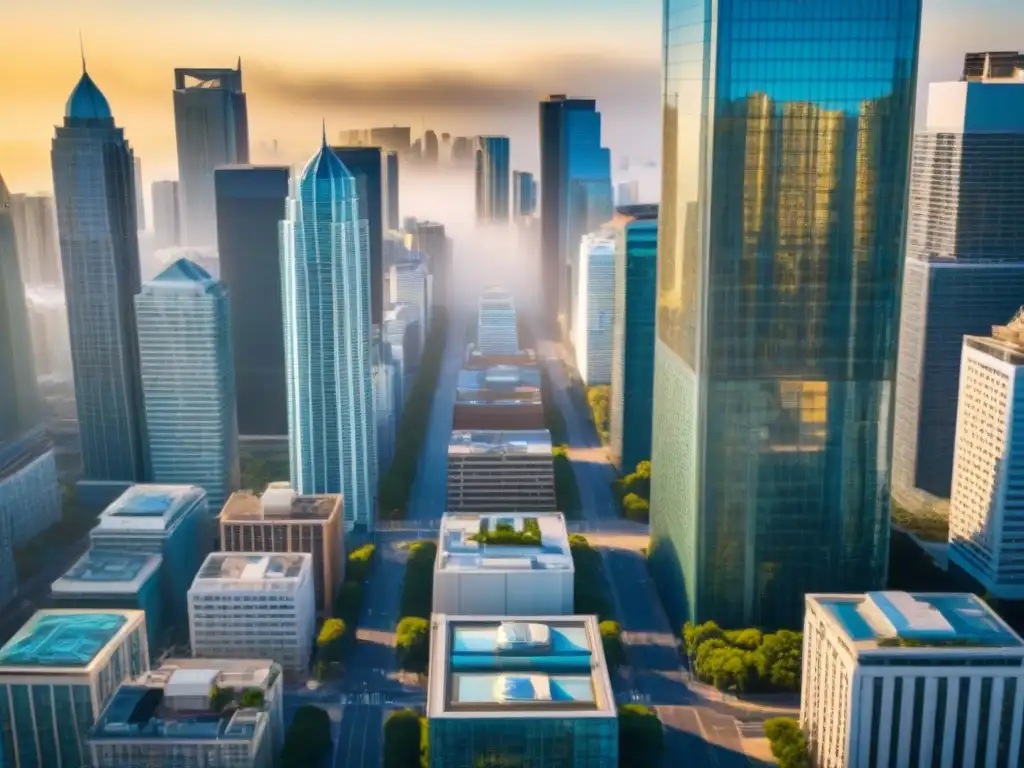 Inversión global en REITs: Escenario urbano de prosperidad Vibrante ciudad con rascacielos modernos, reflejo del mercado inmobiliario global
