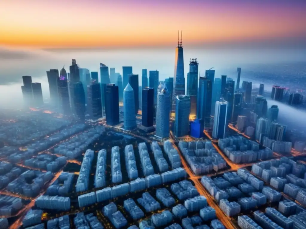 Espectacular panorama urbano: inversión inmobiliaria en una ciudad vibrante Vibrante ciudad con rascacielos modernos, reflejos de sol en cristales