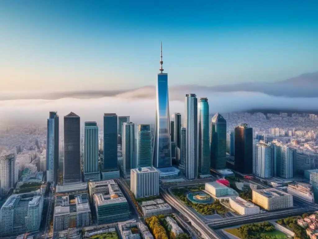 Skyline urbano: vibrante metrópoli de oportunidades inmobiliarias Vibrante ciudad con rascacielos modernos en cielo azul, ideal para inversiones inmobiliarias en jurisdicciones fiscales