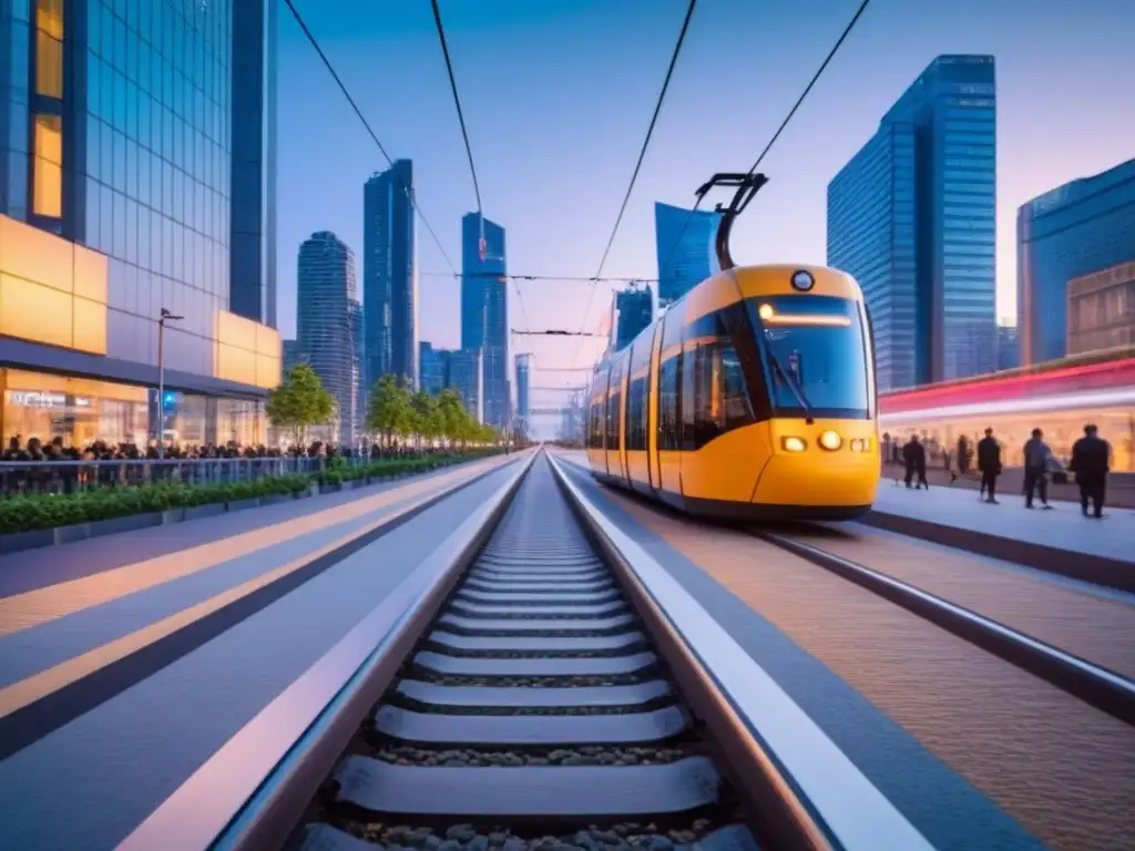 Vibrante ciudad moderna al anochecer con tranvía futurista Vibrante ciudad al anochecer con rascacielos modernos, gente y un futurista tranvía, destacando beneficios fiscales proyectos urbanos