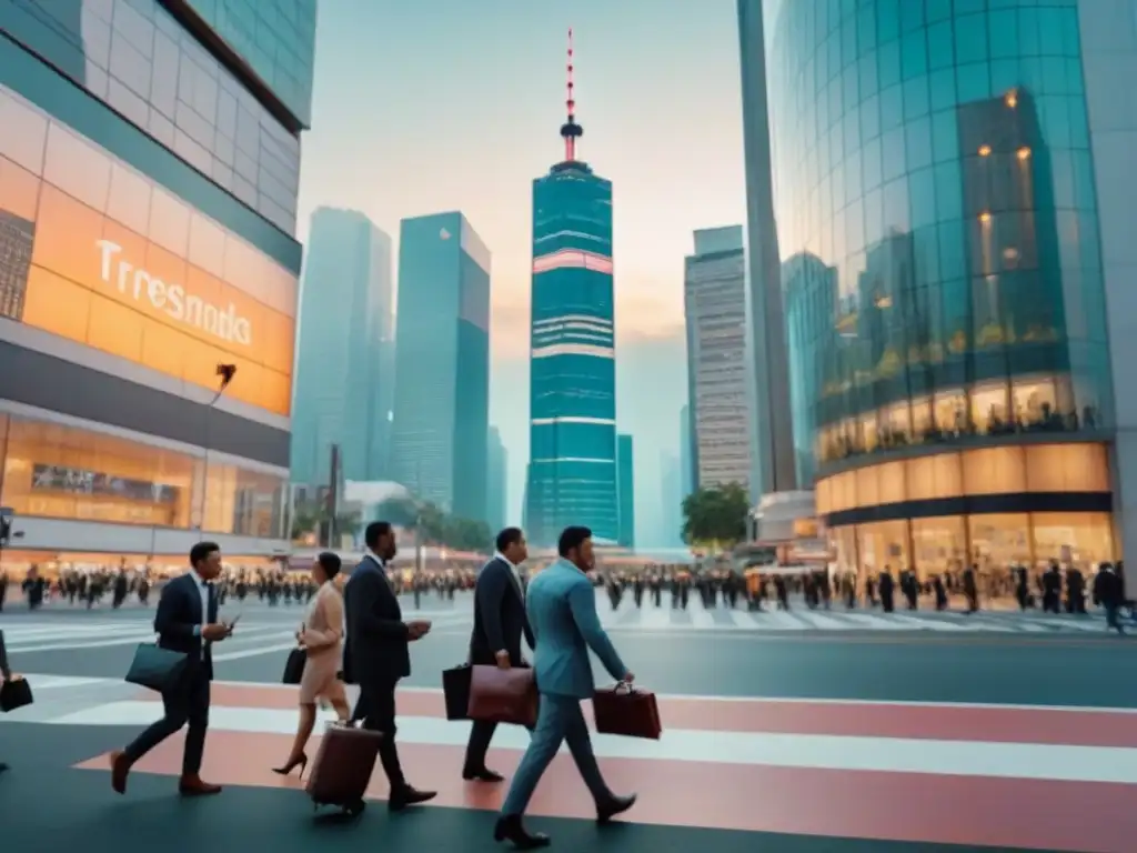 Metrópolis moderna al atardecer: dinamismo y crecimiento urbano Vibrante ciudad al anochecer con rascacielos modernos y profesionales en movimiento, reflejando el mercado inmobiliario global economías emergentes