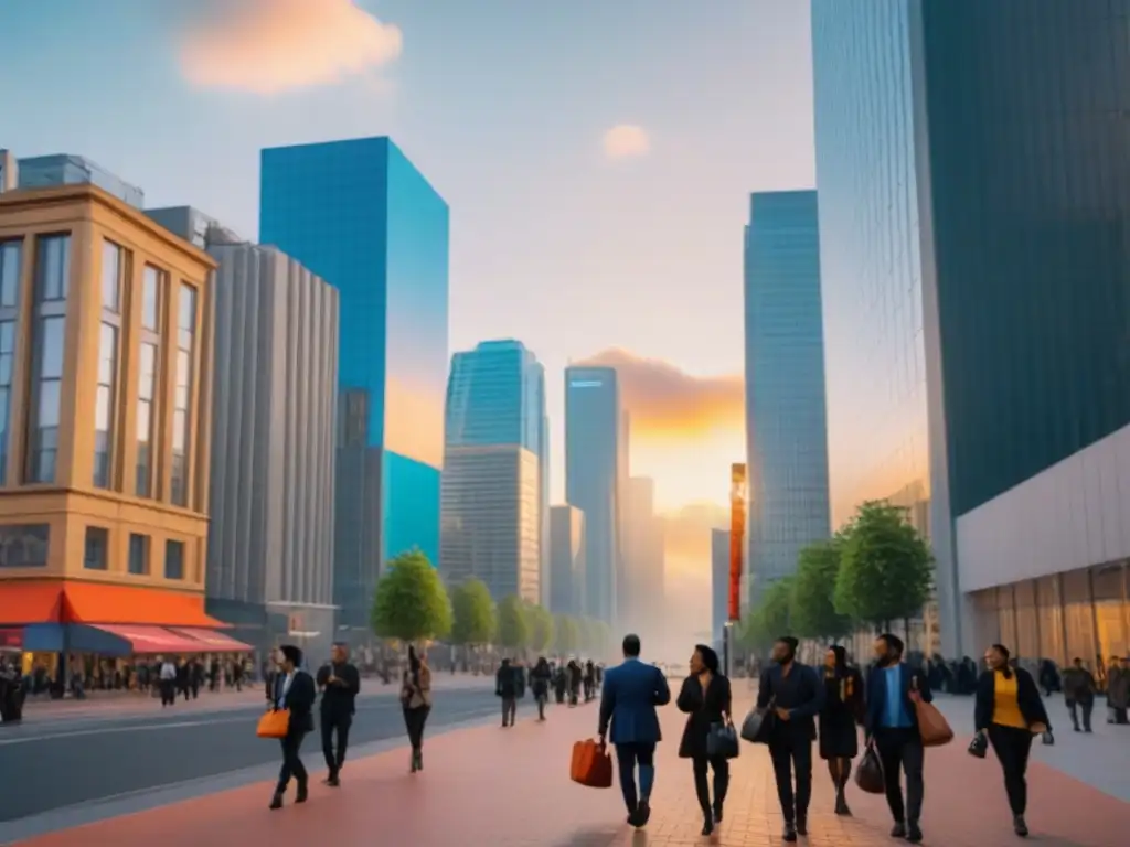 Vibrante metrópolis: diversidad arquitectónica y urbana en crecimiento Vibrante ciudad con rascacielos modernos y diversidad de personas caminando