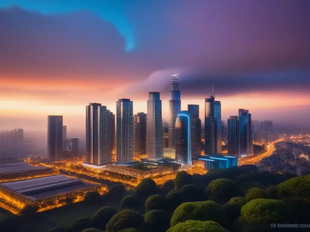 Horizonte urbano moderno al atardecer: mercado inmobiliario vibrante Vibrante ciudad al anochecer, con rascacielos modernos iluminados y el efecto políticas vivienda demanda inmobiliaria
