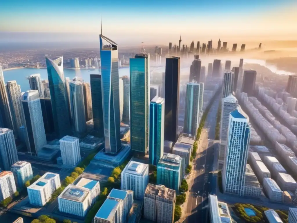 Metrópolis moderna: Skyline urbano con rascacielos en pleno auge Vibrante ciudad con rascacielos modernos y bulliciosa actividad urbana