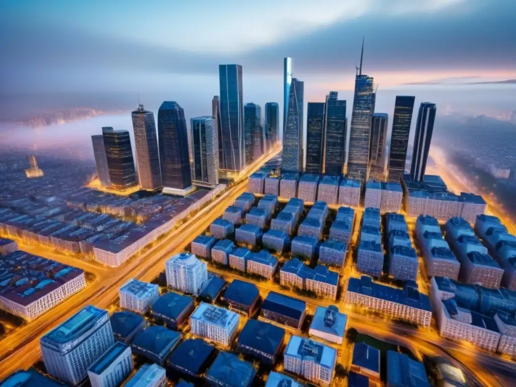 Vibrante paisaje urbano: impacto de la reforma hipotecaria en bienes raíces Vibrante ciudad con rascacielos modernos, reflejo de la reforma hipotecaria e inversión inmobiliaria