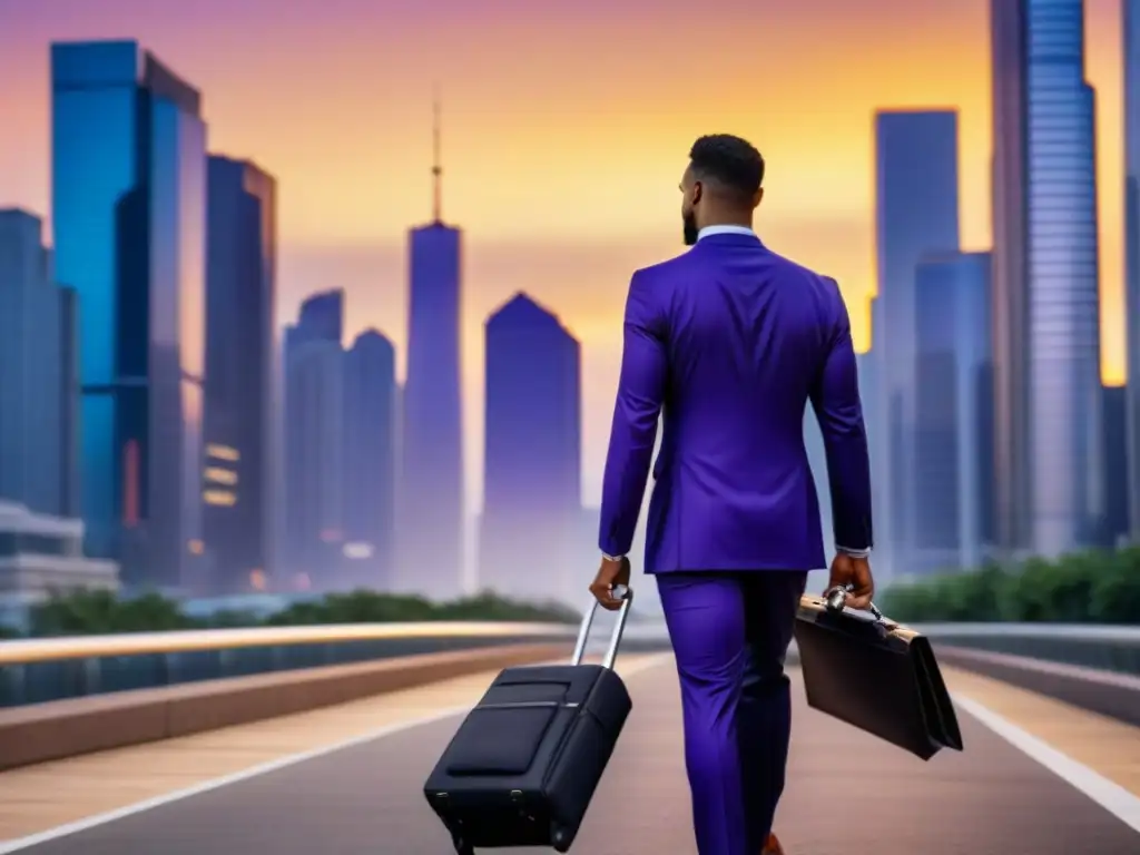 Skyline urbano al atardecer: moda y finanzas en la ciudad Vibrante ciudad al anochecer con rascacielos modernos y ejecutivos en traje, reflejando modificaciones legales estrategia inversión inmobiliaria