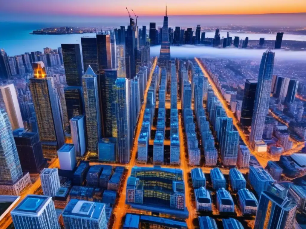 Metrópolis moderna: diversidad arquitectónica en skyline urbano Vibrante ciudad con rascacielos modernos, reflejando diversificación en préstamos inmobiliarios