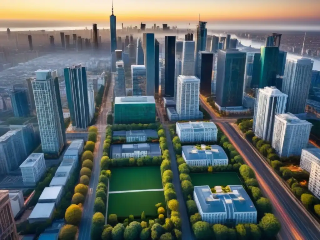 Metrópolis vibrante: skyline moderno y dinámico Vibrante ciudad con rascacielos modernos y bulliciosa actividad urbana, reflejando Políticas Económicas Internacionales Inversión Inmobiliaria