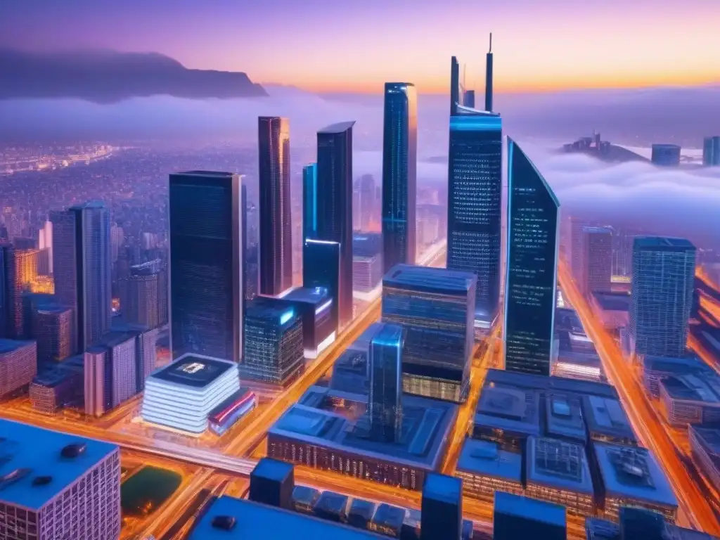 Vibrante ciudad al anochecer con rascacielos modernos iluminados por luces de neón, destacando la sede de una empresa Fintech en el paisaje urbano