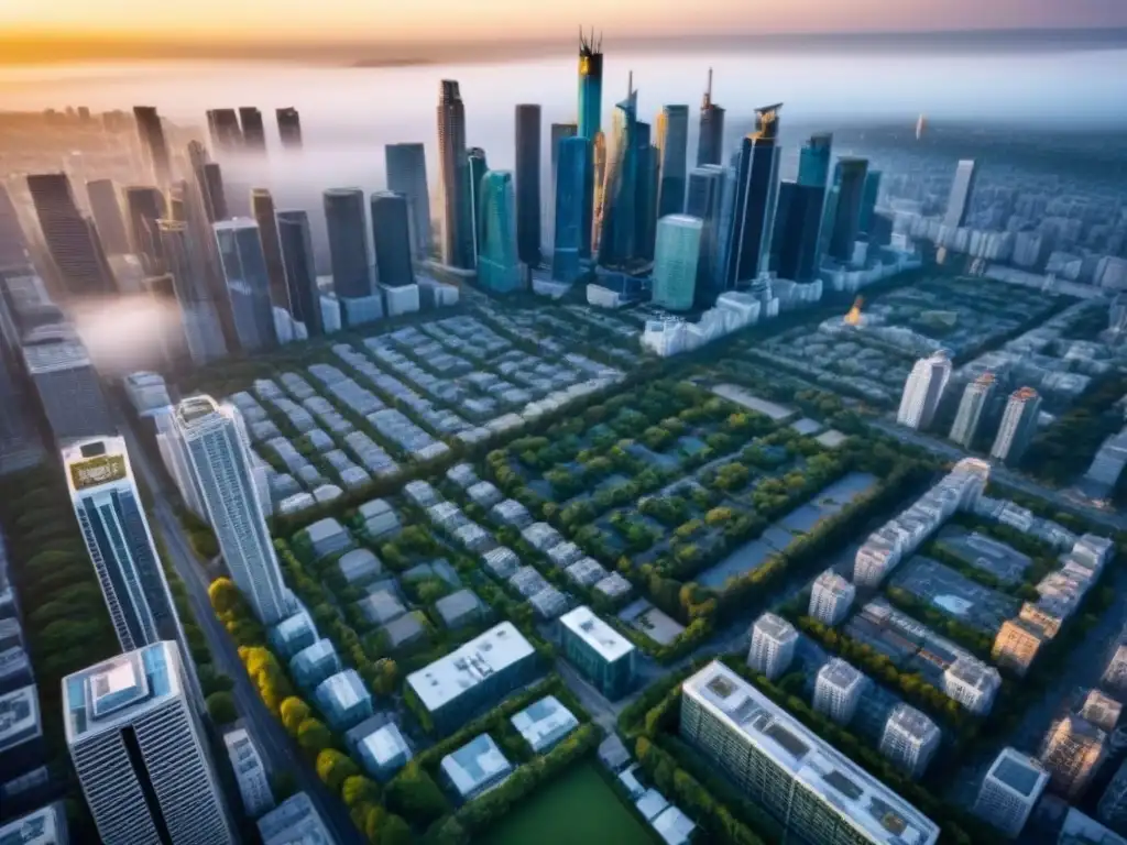 Metrópolis vibrante: inversión inmobiliaria en modernos rascacielos Vibrante ciudad con rascacielos modernos y espacios verdes, reflejando la esencia de los préstamos interés inmobiliarios