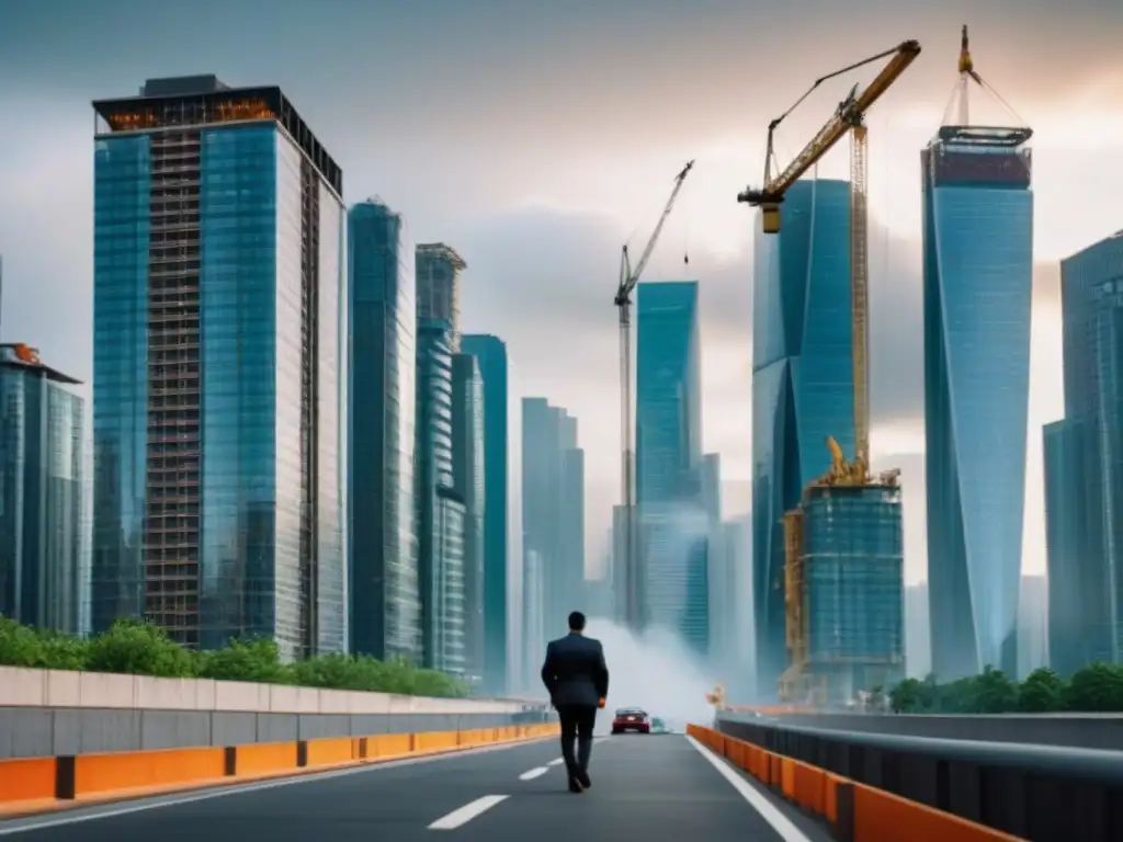 Metrópolis en auge: ciudad moderna y prosperidad urbana Vibrante ciudad con rascacielos modernos y vida urbana, ilustrando el impacto de crisis económicas en vivienda