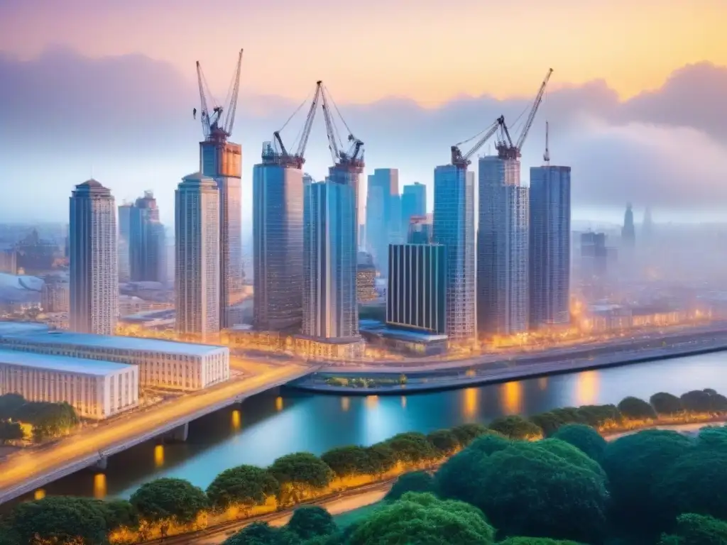 Skyline urbano en transformación: oportunidades de inversión postcrisis Vibrante ciudad en transformación con rascacielos modernos y grúas de construcción al fondo