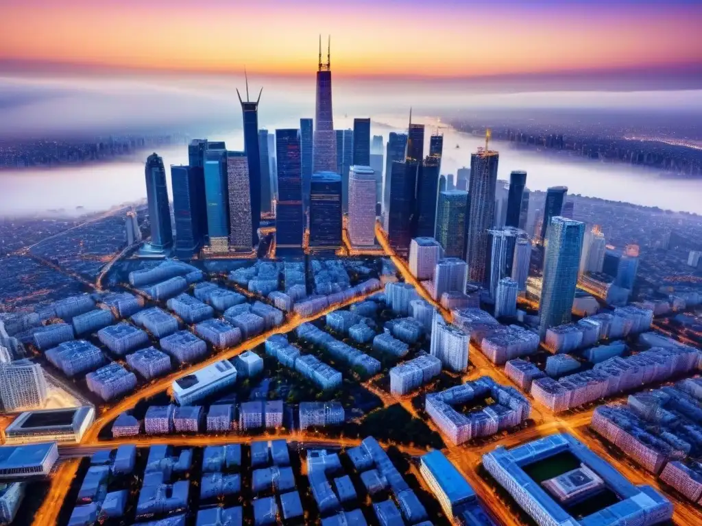 Inversión inmobiliaria: ciudad vibrante y rentable Vibrante ciudad con rascacielos modernos y calles llenas de gente y coches, maximizando ganancias crowdfunding inmobiliario