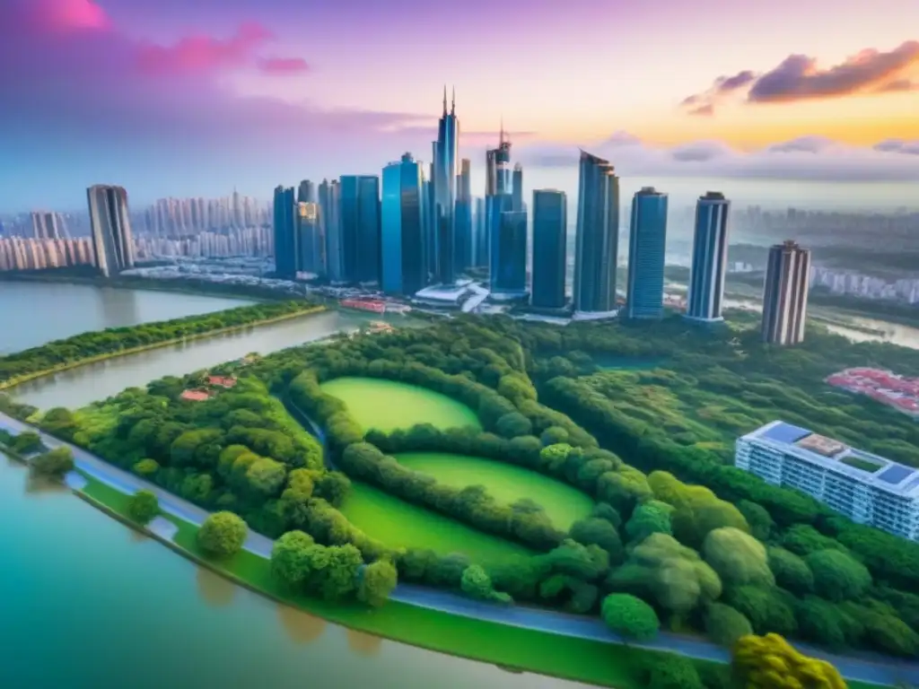 Metrópolis vibrante: rascacielos y naturaleza en armonía Vibrante ciudad con rascacielos modernos y parques verdes, ideal para invertir en propiedades extranjeras