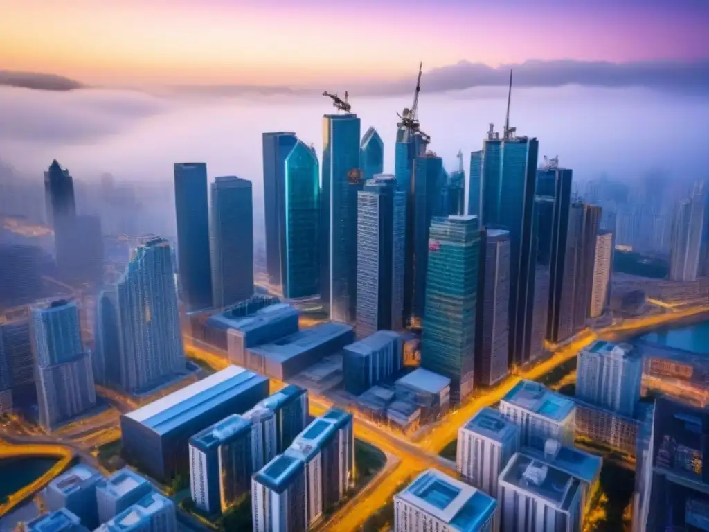 Cityscape moderno: evolución urbana 2021 Vibrante ciudad con rascacielos y obras, reflejo de las tendencias crowdfunding inmobiliario 2021