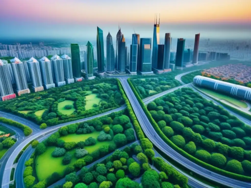 Metrópolis vibrante: ciudad moderna y verde Vibrante ciudad con rascacielos, parques verdes y carreteras llenas de autos
