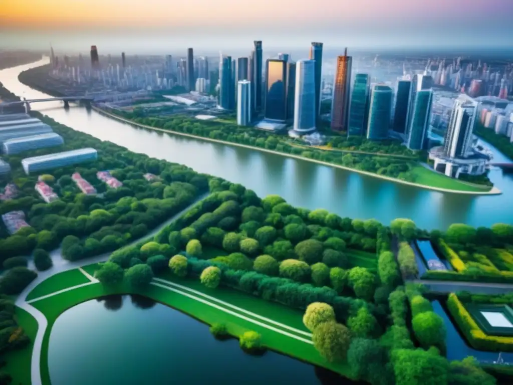 Horizonte urbano: mezcla dinámica de arquitectura y naturaleza Vibrante ciudad con rascacielos y parques, destacando la estratégica ubicación para riesgo inversión inmobiliaria por ubicación