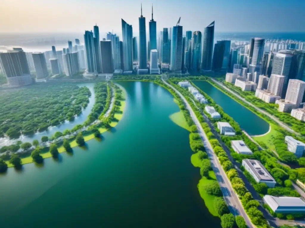 Metrópolis vibrante: ciudad moderna entre parques y ríos Vibrante ciudad con rascacielos, parques verdes y agua; reflejo del sol en fachadas de vidrio