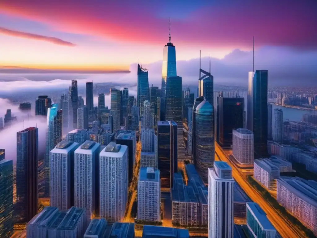 Escena urbana futurista con impacto dinámico en el mercado inmobiliario Vibrante ciudad con rascacielos y profesionales debatiendo, reflejando el impacto de políticas de vivienda mercado