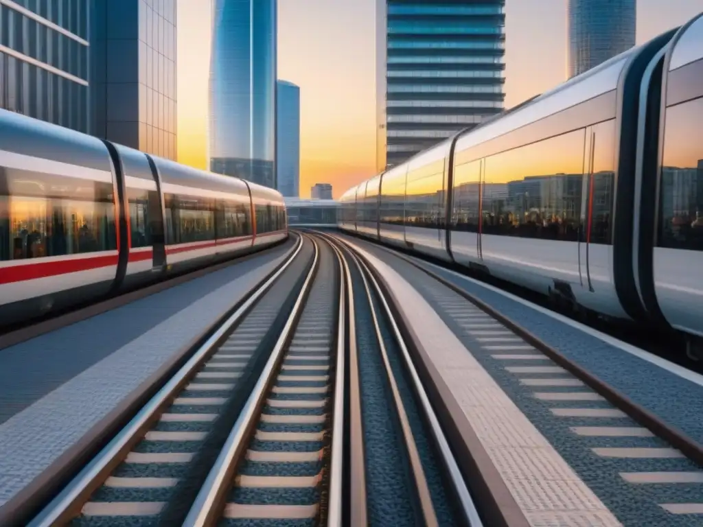 Metrópolis europea futurista al atardecer: lujo y modernidad Vibrante ciudad europea postBrexit: rascacielos, profesionales y trenes de alta velocidad, bañados por la luz del atardecer
