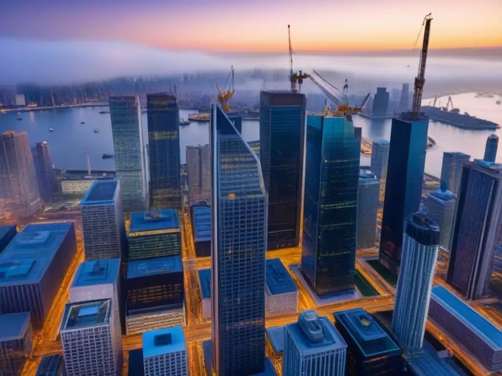 Vista aérea detallada de ciudad moderna en construcción Vibrante ciudad de rascacielos y proyectos inmobiliarios monumentales en acción