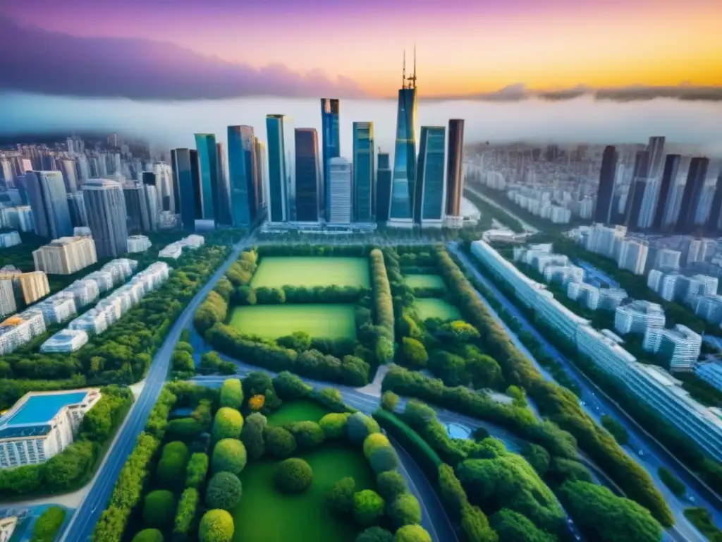 Metrópolis moderna: rascacielos, parques y bullicio urbano Vibrante ciudad con rascacielos rodeados de parques verdes y calles llenas de vida, simbolizando el crecimiento y la prosperidad en las inversiones inmobiliarias