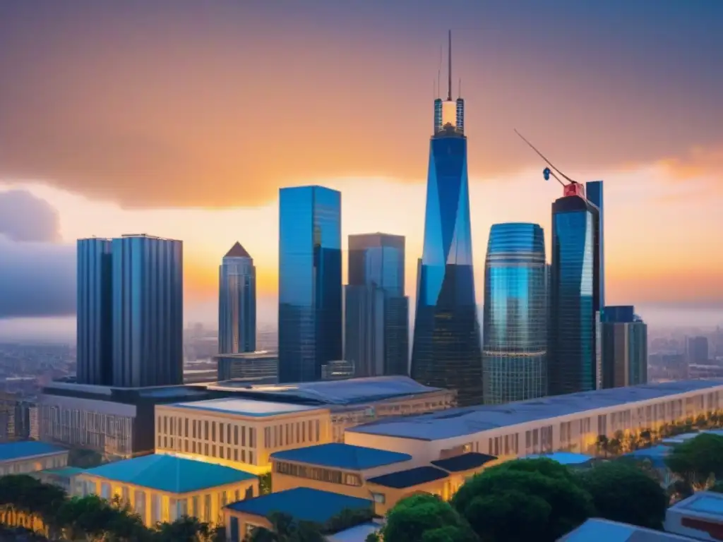 Skyline moderno con seguros para inversiones inmobiliarias Una vibrante ciudad con rascacielos y símbolos de seguros, resaltando la Importancia de seguros en inversiones
