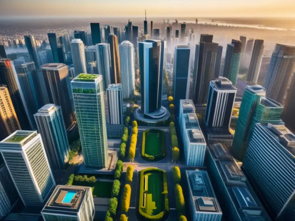Vista aérea detallada de una ciudad moderna y vibrante Vibrante ciudad con rascacielos, vida urbana y arquitectura moderna