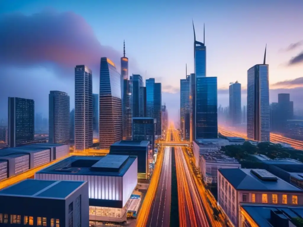 Metrópolis nocturna: vibrante real estate en la ciudad Vibrante ciudad al anochecer, reflejo del dinámico mercado inmobiliario regional
