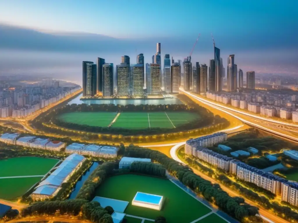 Vibrante ciudad al anochecer: luces y rascacielos Vibrante ciudad al anochecer, reflejo de la transformación paisaje inmobiliario regional